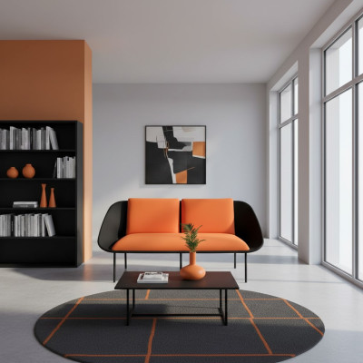 Zwarte-oranje 2-zits studeerkamer bankstel Modern bankstel Textielbanken