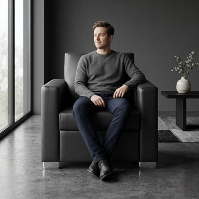 Zwarte leren fauteuil Ontwerper gestoffeerde fauteuil Woonkamer Relax fauteuil