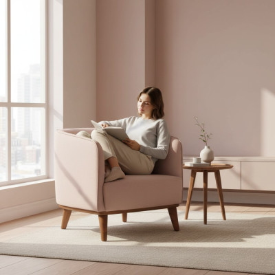 Beige fauteuil gestoffeerd woonkamer eenzitter ontwerper lounge relaxstoel