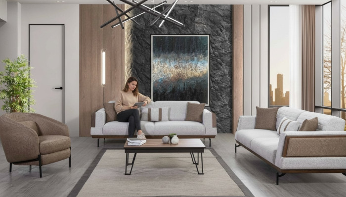 Grijs-bruine bankstel 3+3+1 zits woonkamerset + luxe salontafel.