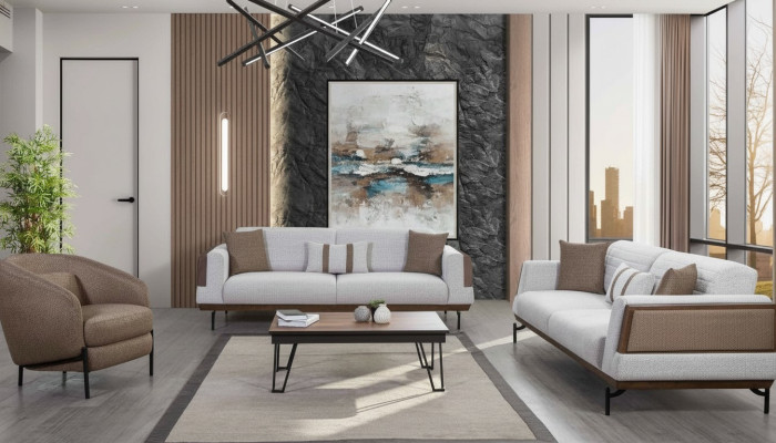 Grijs-bruine bankstel 3+3+1 zits woonkamerset + luxe salontafel.