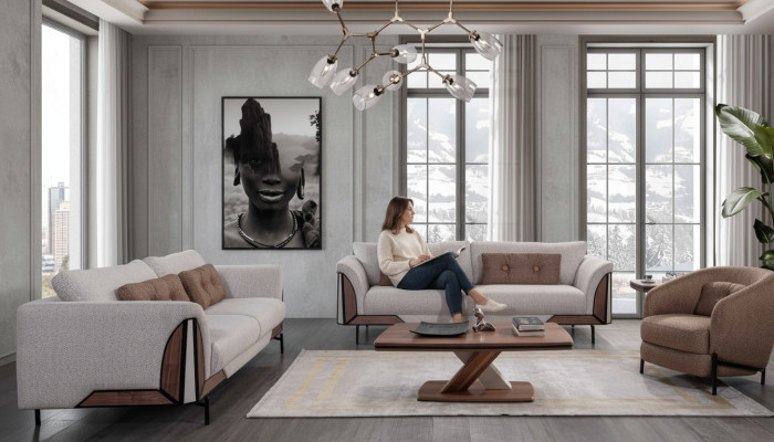 Bruin-grijze bankstel 3+3+1 salontafel Compleet woonkamerset