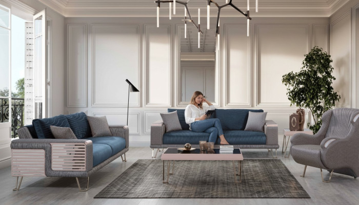 Bankstel 3+3+1 zits + salontafel Modern Textiel Compleet Blauw Nieuw