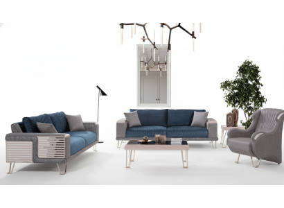 Bankstel 3+3+1 zits + salontafel Modern Textiel Compleet Blauw Nieuw