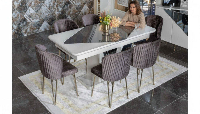 Ontwerper Witte Eettafel x6 Donkerpaarse Textiel Stoelen Eetkamer Set
