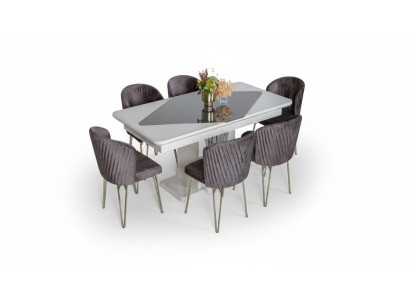 Ontwerper Witte Eettafel x6 Donkerpaarse Textiel Stoelen Eetkamer Set
