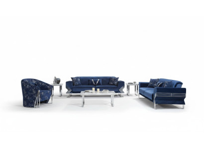 Woonkamer blauwe bankstel ontworpen driepersoons fauteuil salontafel