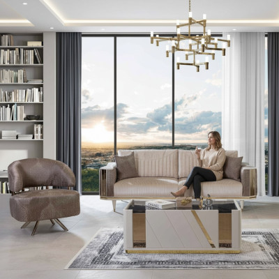 Moderne woonkamerset ontwerper Beige driezitsbank salontafel