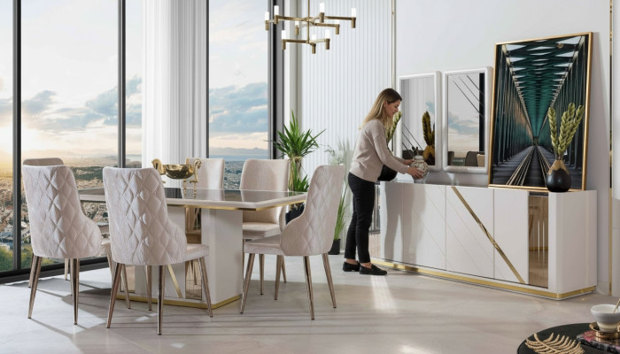 Beige roestvrijstalen eetkamerset, ontwerpeettafel x6 stoelen, dressoir.