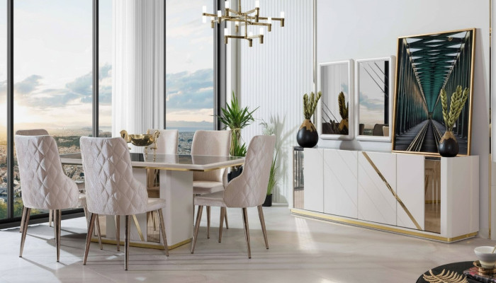 Beige roestvrijstalen eetkamerset, ontwerpeettafel x6 stoelen, dressoir.