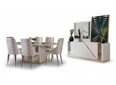 Beige roestvrijstalen eetkamerset, ontwerpeettafel x6 stoelen, dressoir.