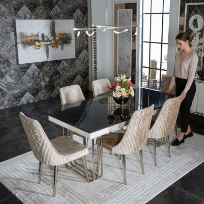 Zwart-witte eetkamerglastafel Designer textielstoelen Eetkamermeubelen