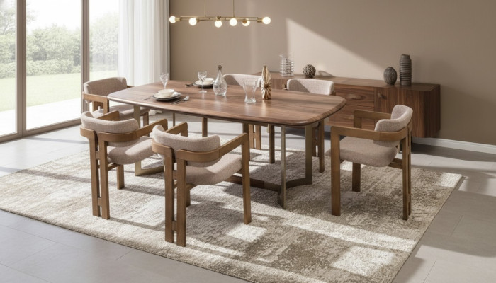 Bruine eetkamer set Designer gestoffeerde stoelen Eettafel Eettafelgroep