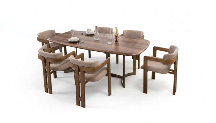 Bruine eetkamer set Designer gestoffeerde stoelen Eettafel Eettafelgroep