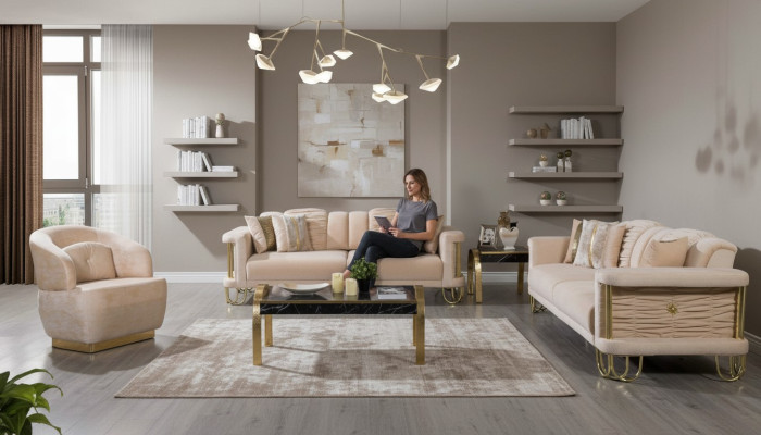 Woonkamer Beige bankstel Driezitsbank Designer fauteuil groep