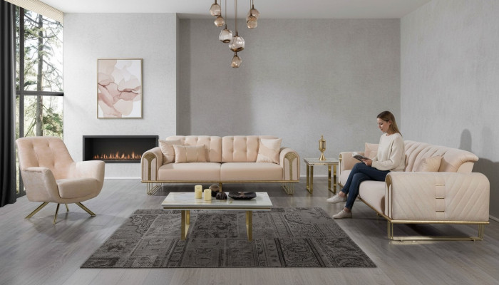 Moderne Beige Woonkamer bankstel x2 3-zits gestoffeerde fauteuil 3-delig
