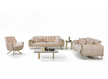Moderne Beige Woonkamer bankstel x2 3-zits gestoffeerde fauteuil 3-delig