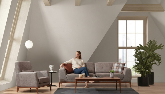 Luxe bankstel Bank 3-zits Fauteuil Stof Modern Grijs Modern Set nieuw