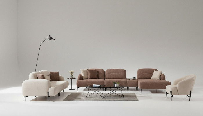 Moderne bruin-witte bankstel, 3-zits stoffen fauteuil L-vormige hoekbank