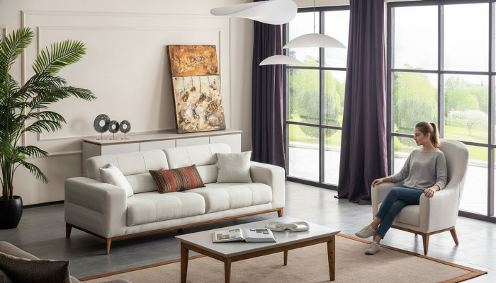 Witte exclusieve woonkamer textiel set 3-zits luxe fauteuil 2-delig