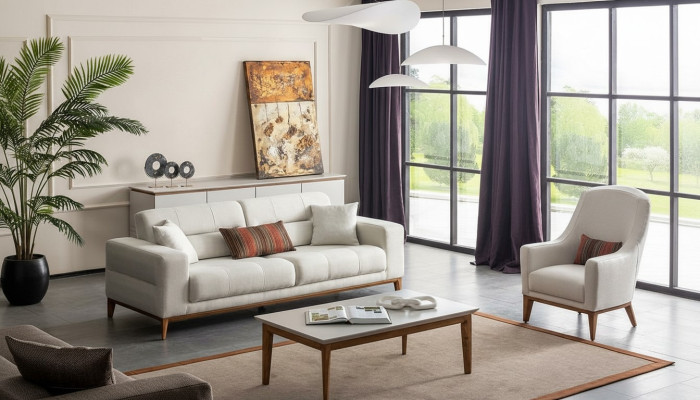 Witte exclusieve woonkamer textiel set 3-zits luxe fauteuil 2-delig