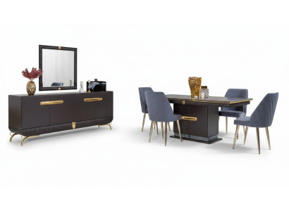 Eetkamer roestvrijstalen set, design eettafel met 4 stoelen en dressoir, 7-delig.