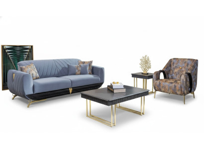 Moderne gestoffeerde woonkamermeubels designer blauwe driezits stoel 4-delig.