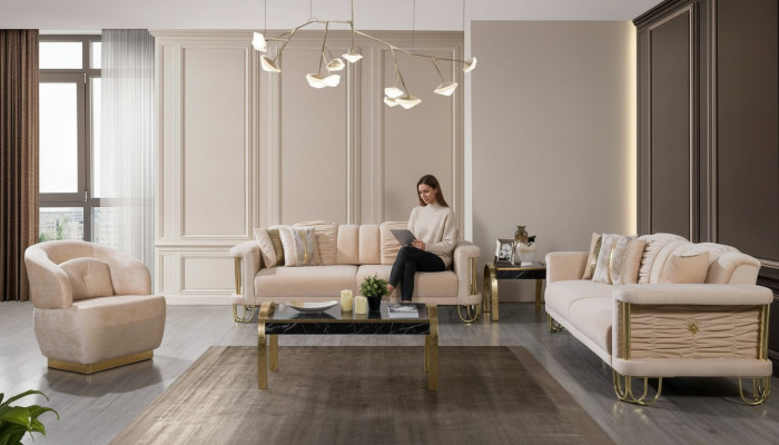 Moderne Beige Bankstel 3+3+1 Zits Designer Beklede Fauteuil Meubels