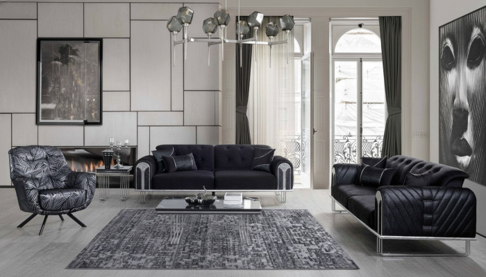 Zwarte woonkamersofaset 2x Driezitsdesigner gestoffeerde fauteuil