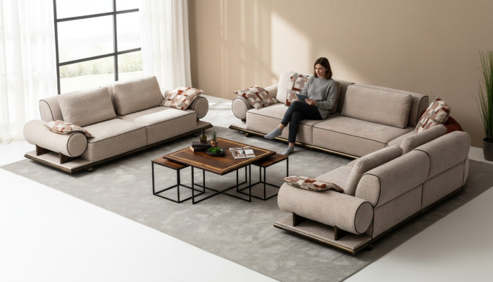Stoffen bank bankwoonlandschap hoekontwerp modern bankstel hoekbank L-vorm beige nieuw