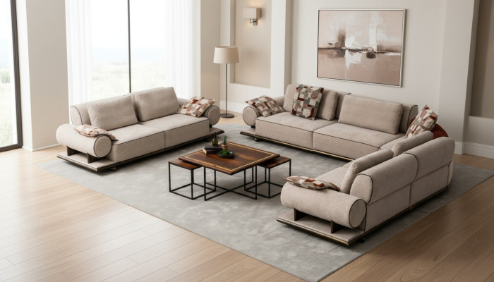 Stoffen bank bankwoonlandschap hoekontwerp modern bankstel hoekbank L-vorm beige nieuw