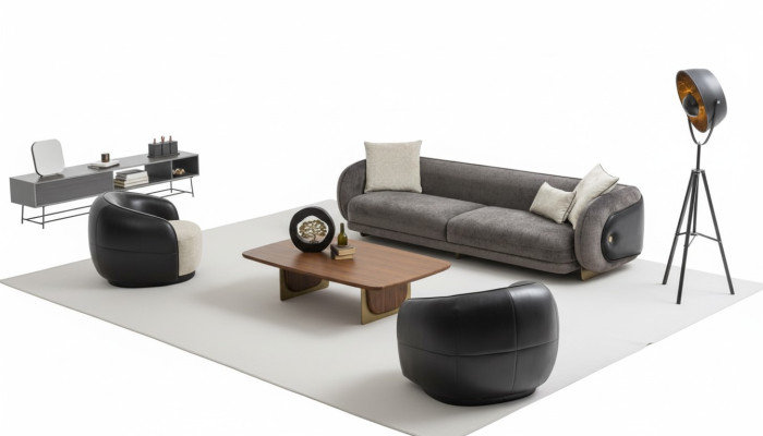 Moderne grijze bankstel set met 3-zits banken en 2 fauteuils woonkamerset