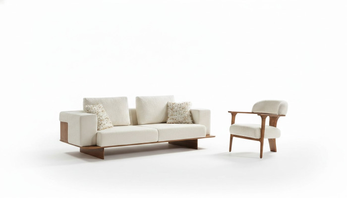 Moderne witte bankstel set van 3 + 1 zits, textiel, houten fauteuil, compleet nieuw set.