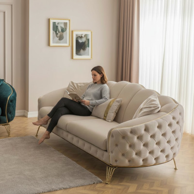 Moderne Chesterfield Beige Woonkamer Bankstel x2 3-Zits Gestoffeerde Fauteuil
