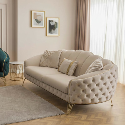 Moderne Chesterfield Beige Woonkamer Bankstel x2 3-Zits Gestoffeerde Fauteuil