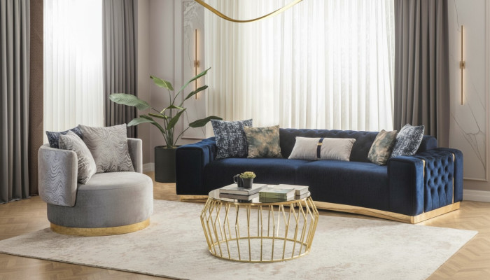 Bankstel Volledig gestoffeerde bank Blauw Driezits Modern Stoel nieuw