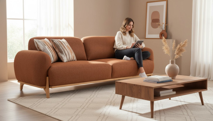 Moderne bruine driezits bank van hoge kwaliteit voor de woonkamer.