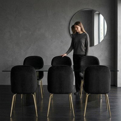 Groep van 6 stoelen met textiel bekleding en roestvrijstalen frame voor de eetkamer, nieuw.