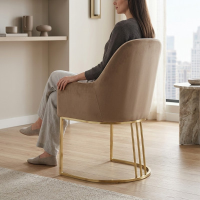 Gouden roestvrijstalen moderne gestoffeerde eenzitter ontwerper 1x fauteuil.