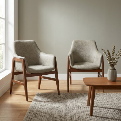 Eetkamerstoel 2x stoelen Keukenstoel Armstoel Hout Stof Modern Grijs Stoel