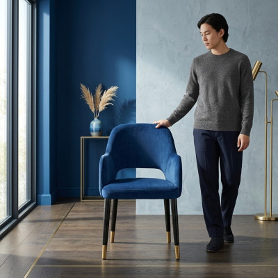 Blauwe gestoffeerde eetkamerstoel moderne keukenmeubels ontwerper houten frame