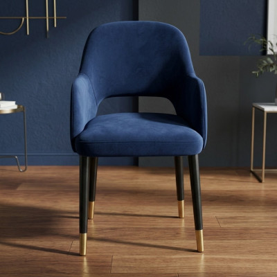 Blauwe gestoffeerde eetkamerstoel moderne keukenmeubels ontwerper houten frame