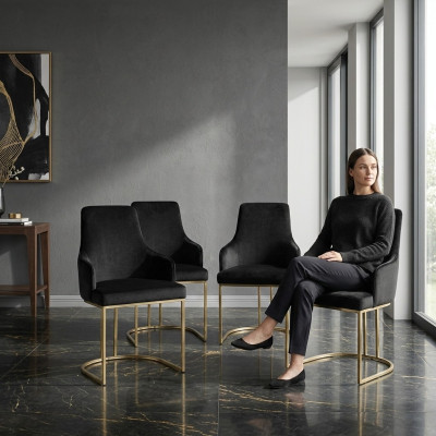 Ontwerper Zwarte 4x Metalen Stoelen Luxe Roestvrij Staal Beklede Meubelen