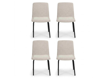 Set van 4 metalen eetkamerstoelen met stoffen bekleding en armleuningen.
