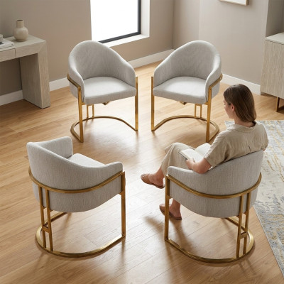 Moderne 4x stoelen gestoffeerde eetkamerstoel van metaal, wit, stijlvol.