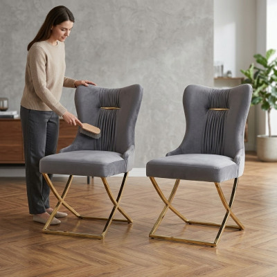 Eetkamer 2x stoelen Luxe fauteuil Stoel Grijs Leunstoel Woonkamer meubels Nieuw