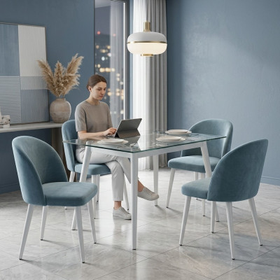 Moderne eetkamer houten 4 stoelen blauw zonder armleuning nieuw design gestoffeerde stoel