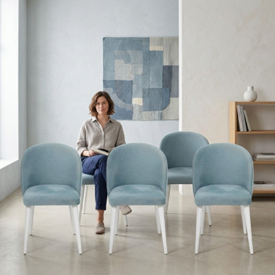 Luxe eetkamer hout 6x stoelen blauw armloos nieuw ontwerp gestoffeerde stoel