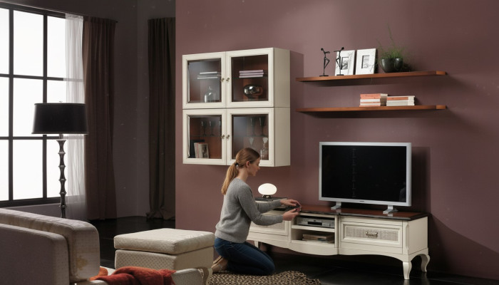 Lowboard tv-wandkasten woonkamer hout meubel wandplank set 7-delig.