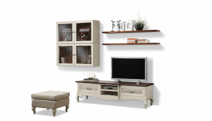 Lowboard tv-wandkasten woonkamer hout meubel wandplank set 7-delig.